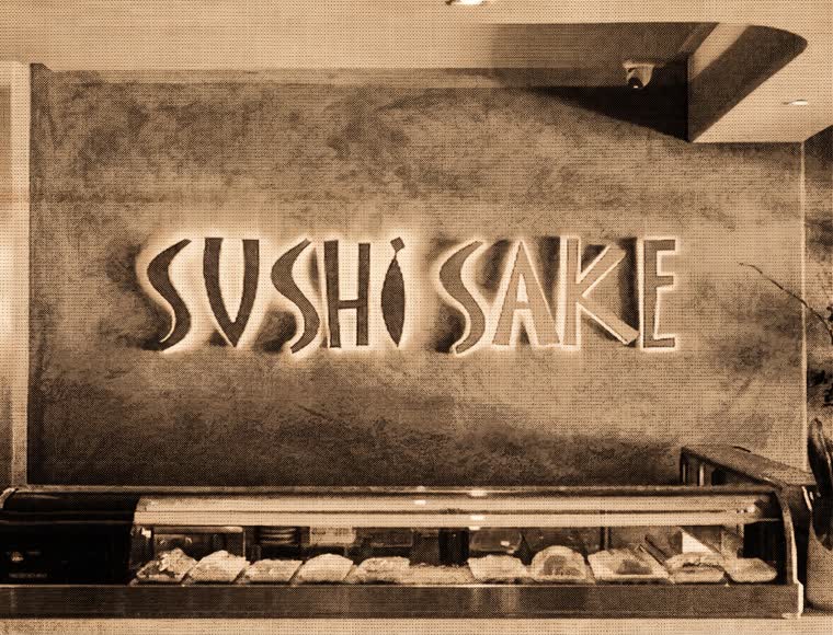 The Sushi Sake sign above the tuna station, printed as a sepia halftone.